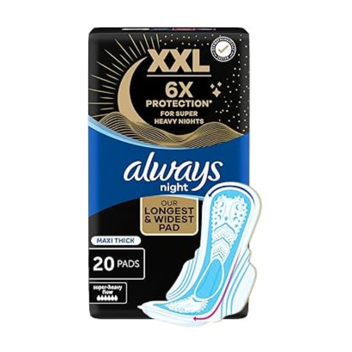 Always Maxi Thick Night Sanitary Pads XXL -Extra Absorbent Overnight Protection for Heavy Flow & Leak-Free Comfort- Pads 20s
