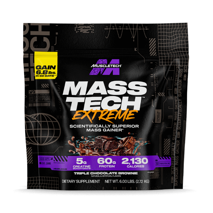 Muscle Tech Mass Tech Extreme Triple Chocolate Brownie, High-Calorie Mass Gainer for Muscle Strength, 6lb