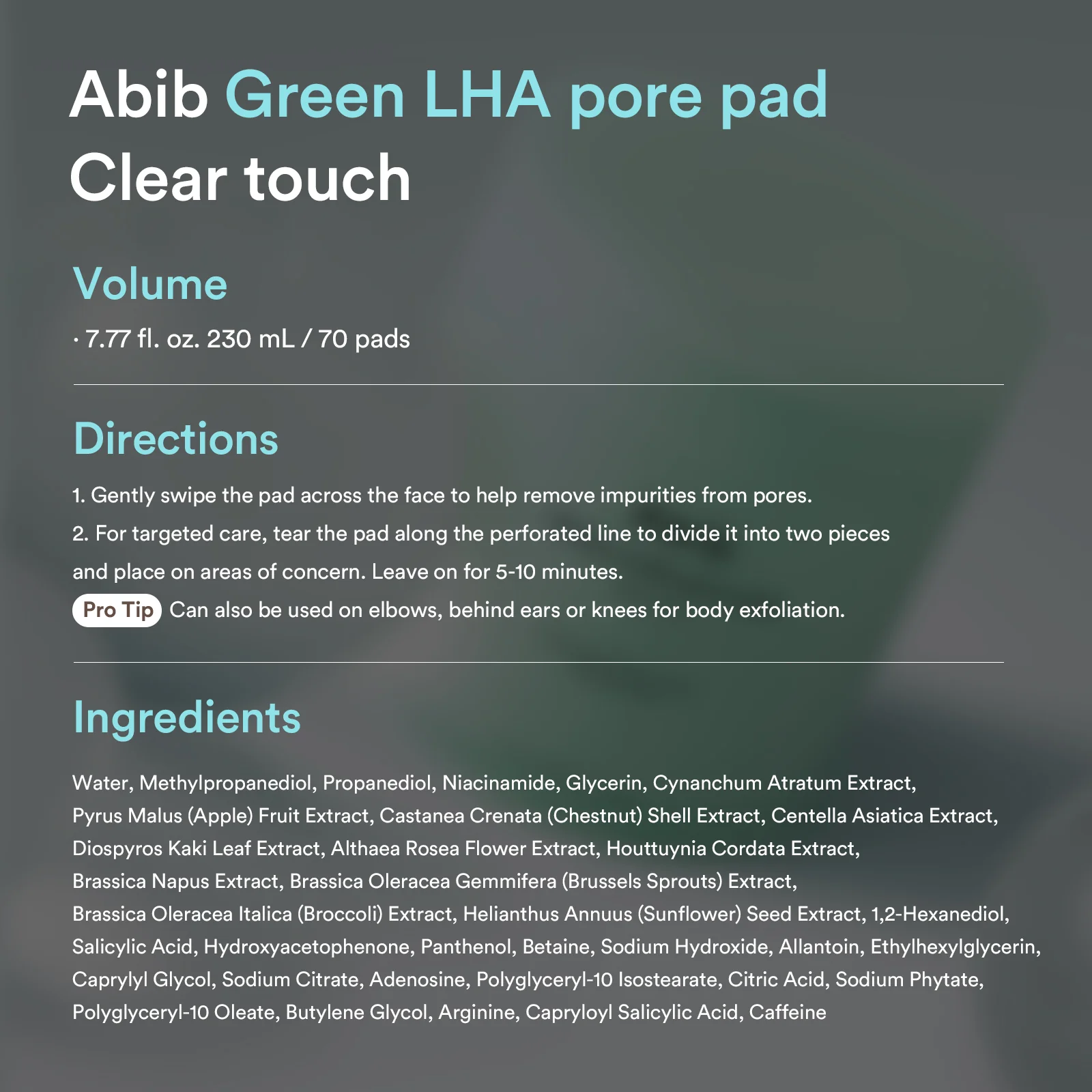 Abib Green LHA Pore Clear Touch Pad 230ML 70s