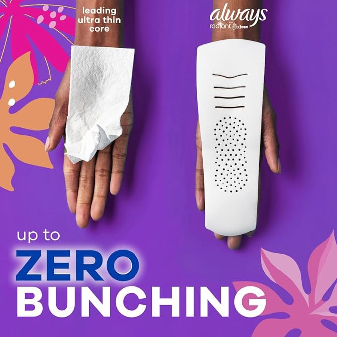 Always Radiant Feminine Pads Size 1, Regular Absorbency, FlexFoam, Unscented – 100% Leak-Free & Odor Control 13s