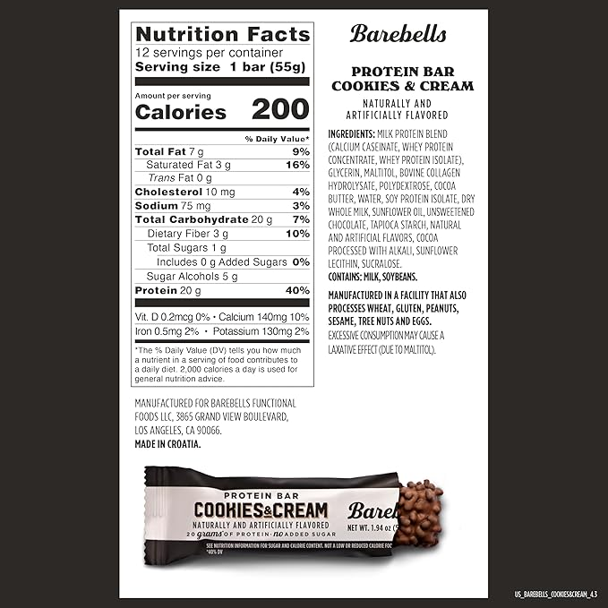 Barebells Protein Bar Cookies and Cream 55g, High Protein, No Added Sugar, Pack of 12