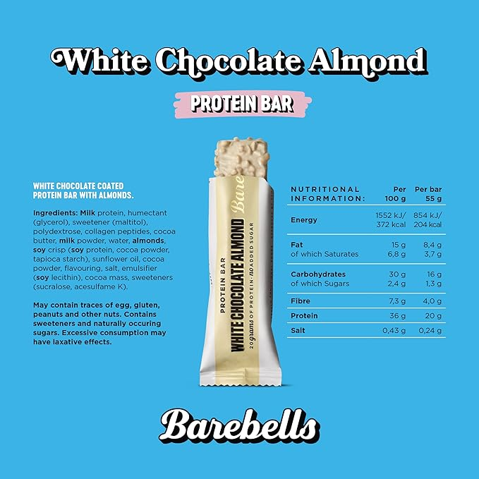 Barebells Protein Bar White Chocolate Almond 55g, High Protein, No Added Sugar, Pack of 12