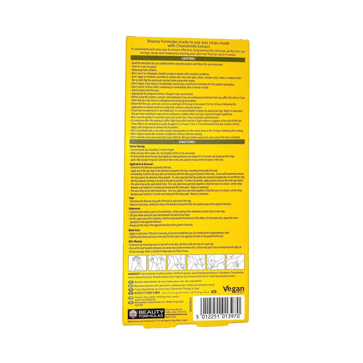 Beauty Formulas Chamomile Legs & Body Wax Strips, Long-Lasting Hair Removal, 20s