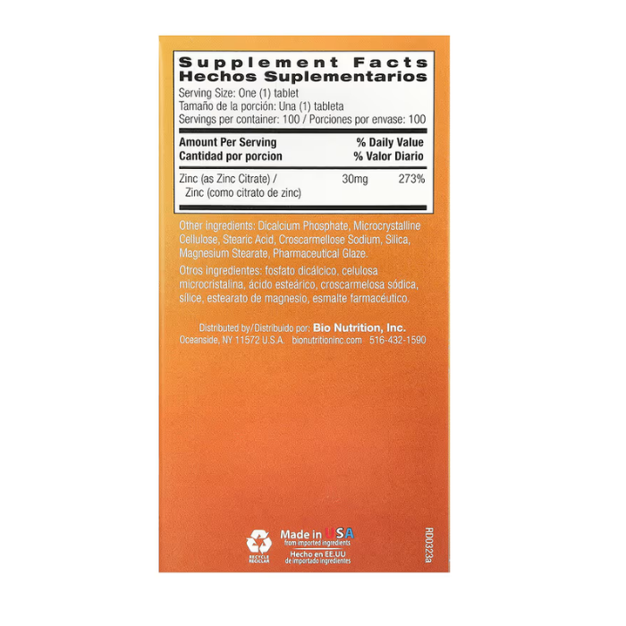 Bio Nutrition Zinc Citrate 30mg 100 Tablets