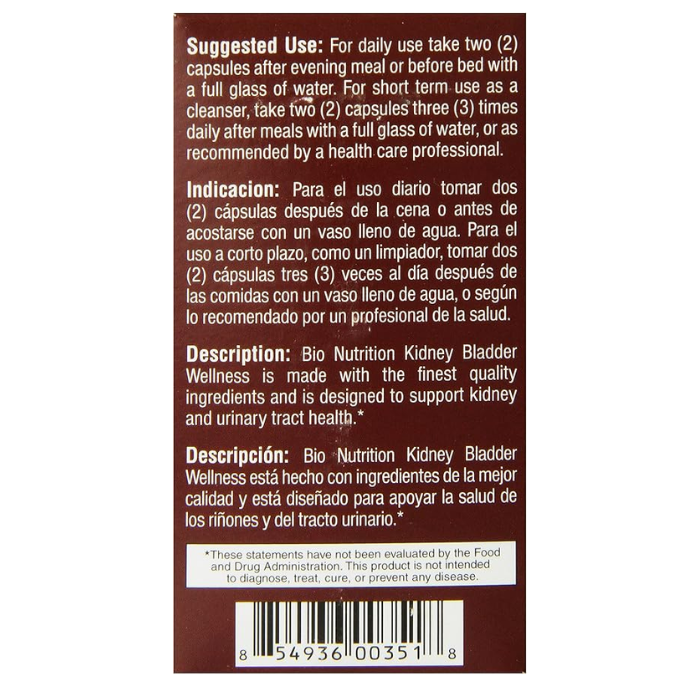 Bio Nutrition Kidney Bladder Wellness 60 Vegetable Capsules