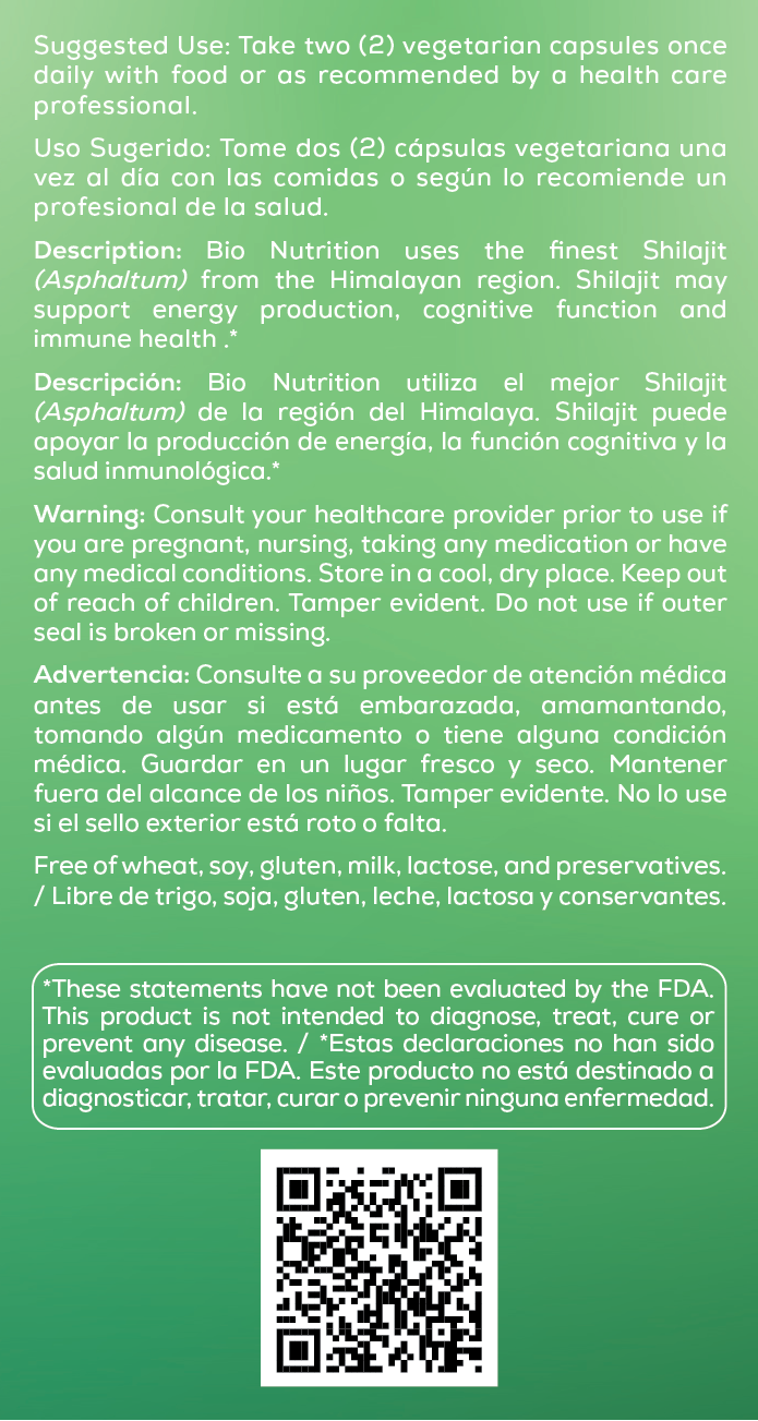 Bio Nutrition Shilajit, Extract for Energy, Immunity and Cognitive Health, 60 Vegetarian Capsules