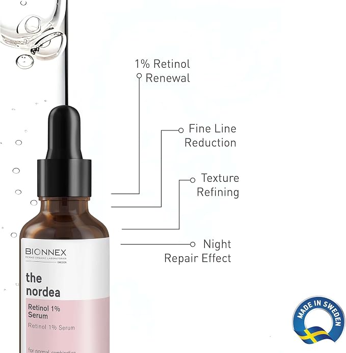Bionnex The Nordea Retinol 1%, Anti-Aging Face Serum for Wrinkles, Fine Lines and Uneven Texture, 30ml