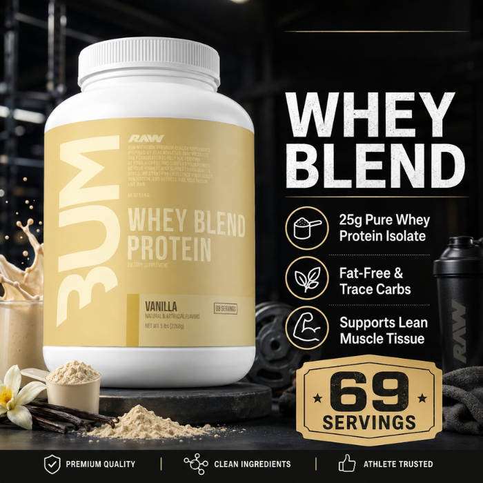 Raw Nutrition Bum Whey Blend Powder Vanilla, Protein for Lean Muscle Support, 5lb