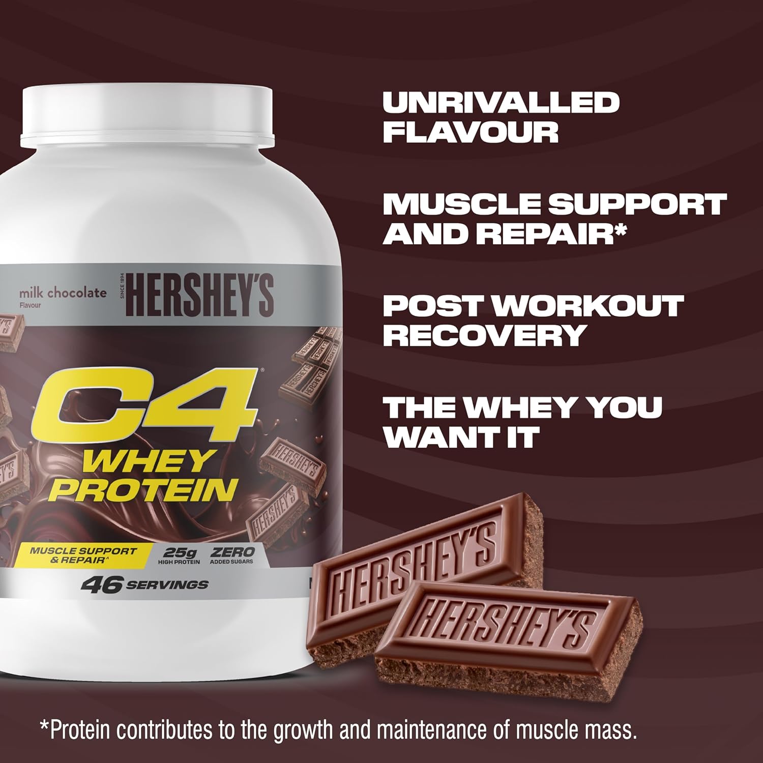 Cellucor C4 Whey Protein Powder Hershey’s Chocolate, Blend for Muscle Recovery, 1.61kg