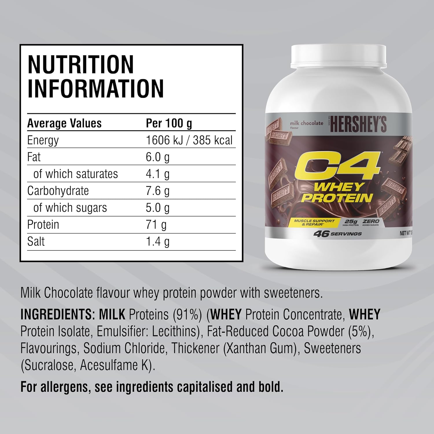 Cellucor C4 Whey Protein Powder Hershey’s Chocolate, Blend for Muscle Recovery, 1.61kg
