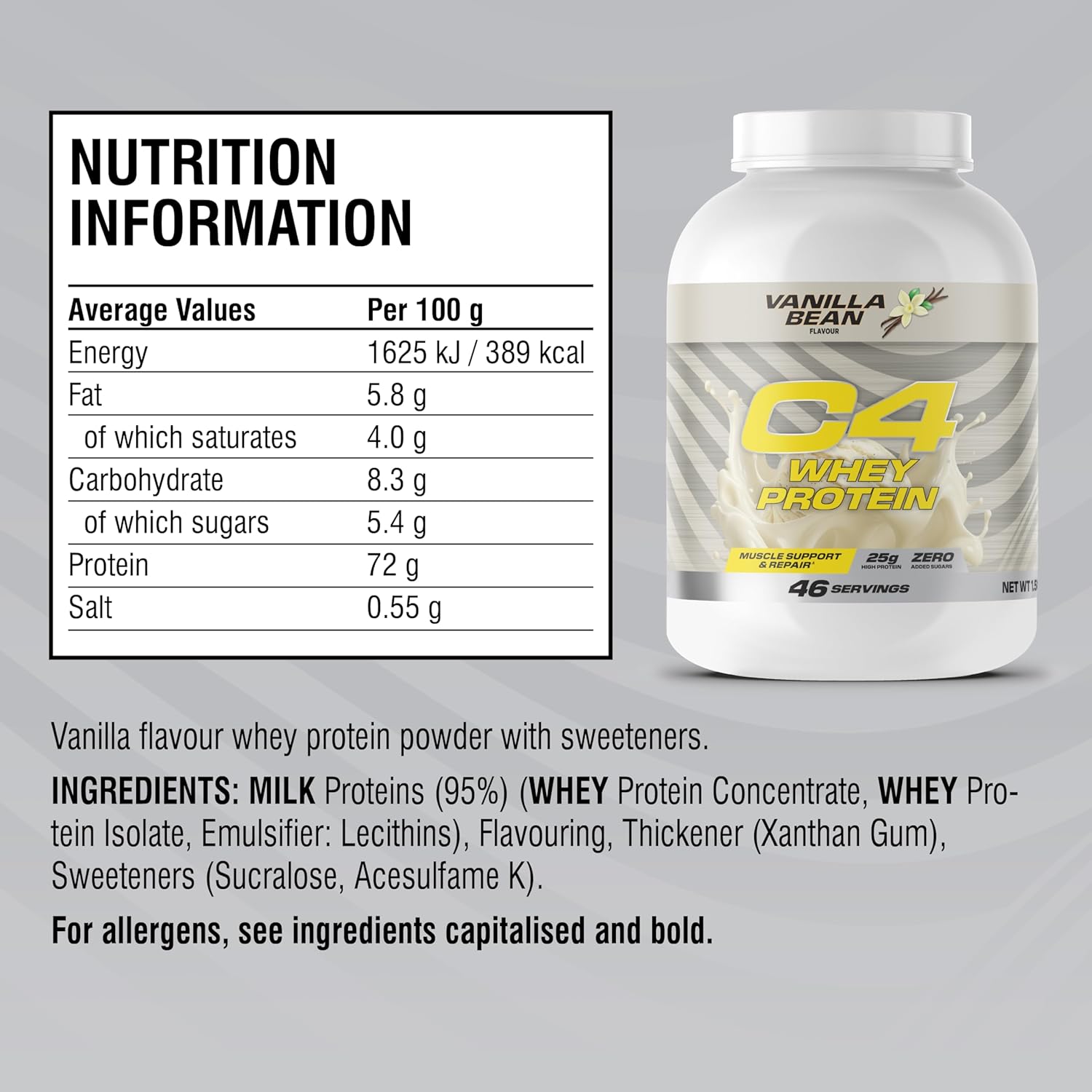 Cellucor C4 Whey Protein Powder Vanilla Bean, Fast-Digesting for Muscle Recovery, 1.58kg