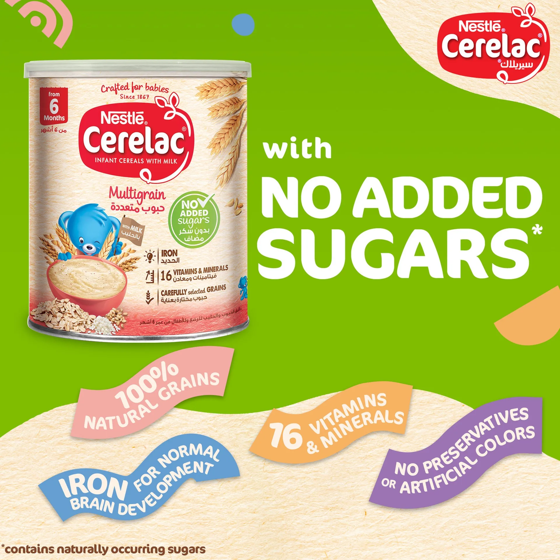 Nestle Cerelac No Added Sugar Multigrain with Milk, Iron+, Vitamins and Zinc for 6+ Months Babies, 400g