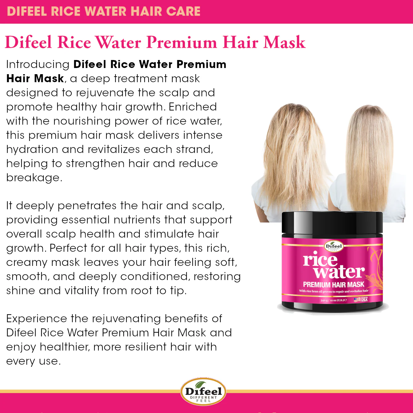 Difeel Rice Water Premium Hair Mask with Rice Bran Oil, Deep Conditioning & Strengthening Care, 340g