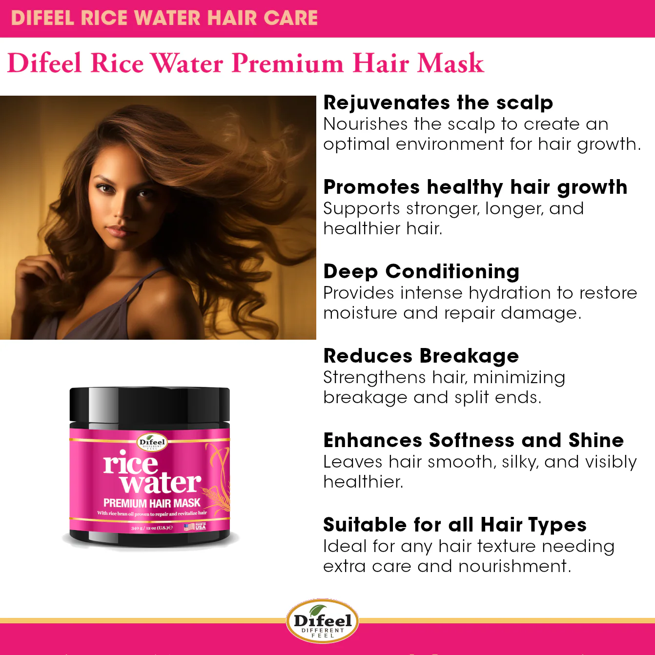 Difeel Rice Water Premium Hair Mask with Rice Bran Oil, Deep Conditioning & Strengthening Care, 340g