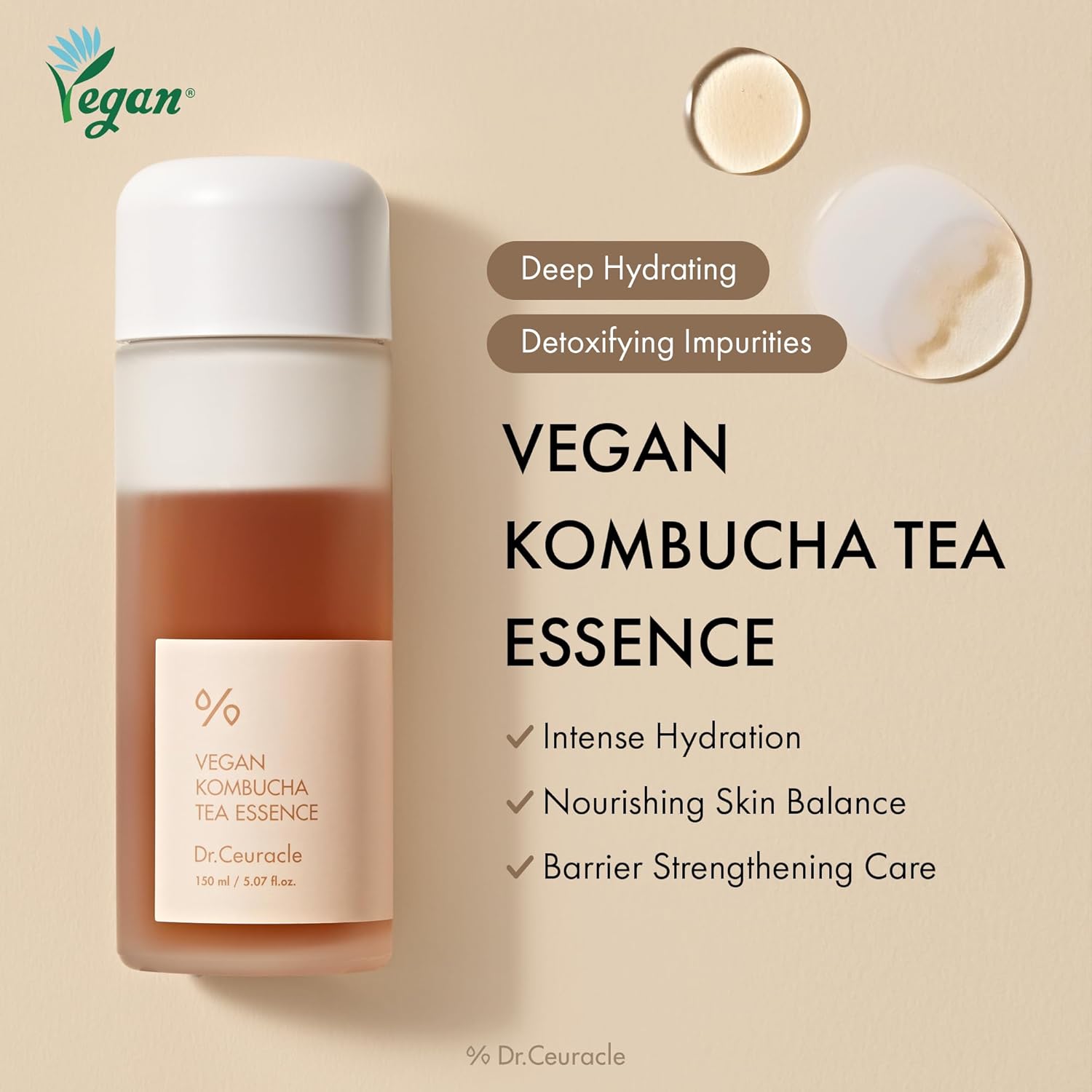 Dr. Ceuracle Vegan Kombucha Tea Essence, Probiotic Hydrating Detox for Glowing Skin, 150ml
