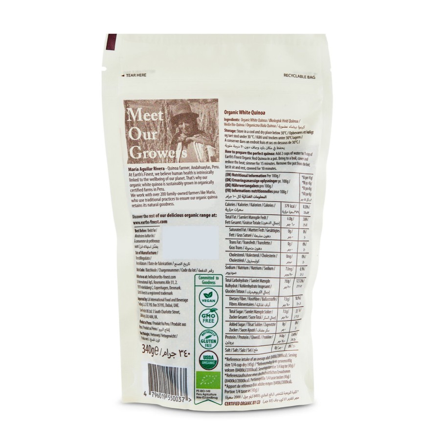 Earth’s Finest Organic White Quinoa, Rich in Protein and Fiber, Non-GMO, Unrefined, Gluten-Free Superfood – 340g