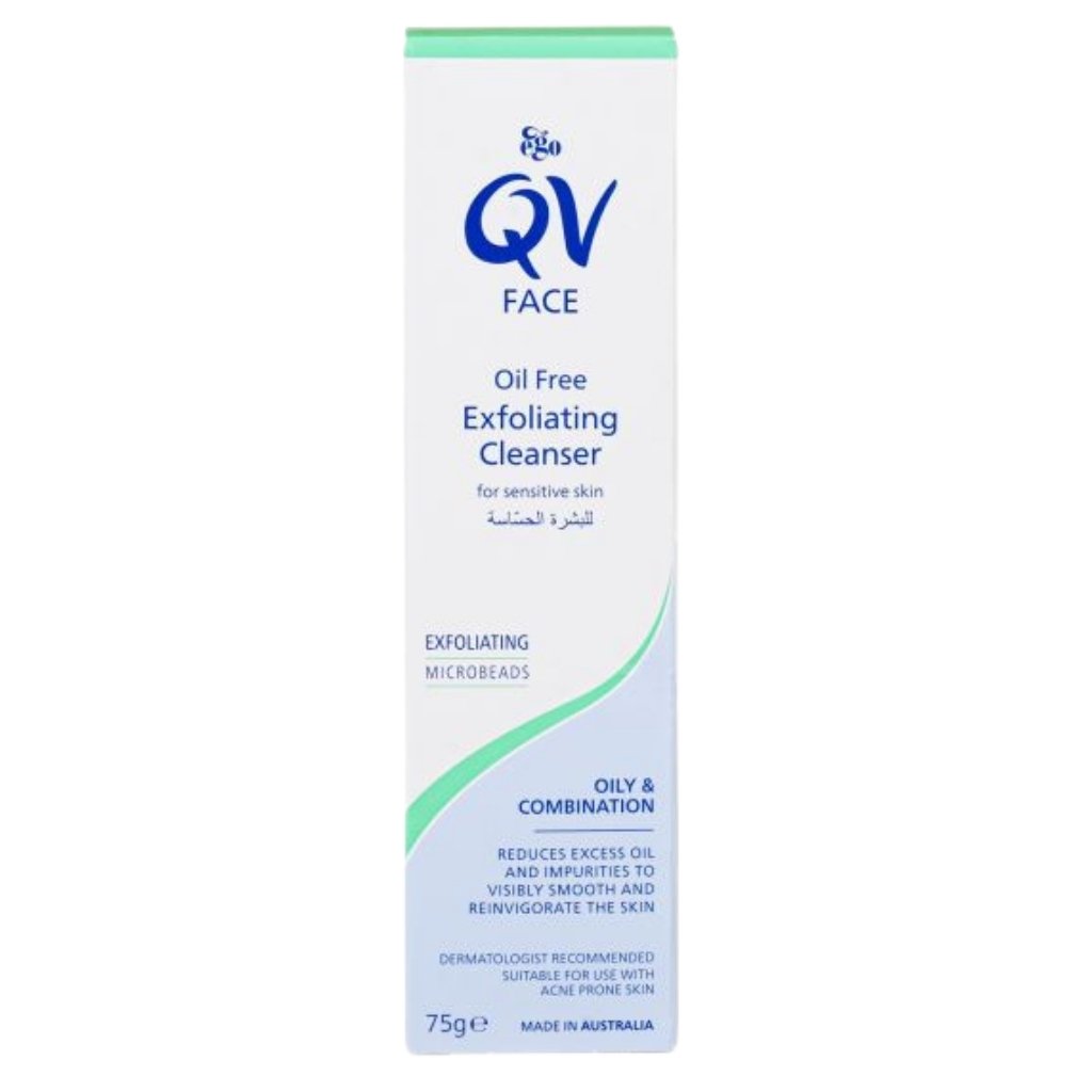QV Face Oil-Free Exfoliating Cleanser, Gentle Daily Scrub for Sensitive Skin, Smooths and Hydrates, 75g