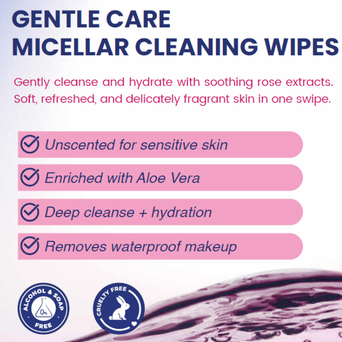 Esse Beauty Gentle Care Micellar Cleansing Wipes, Unscented, Sensitive Skin Makeup Remover with Aloe Vera, 25s