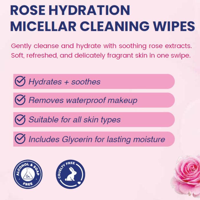 Esse Beauty Rose Hydration Micellar Cleansing Wipes, Hydrating Makeup Remover with Rose Extract & Glycerin, 25s