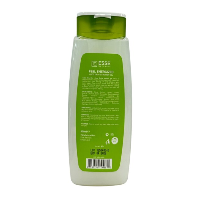 Esse Naturals Feel Energized Coco Shower Gel , Refreshing Coconut-Infused Cleanser for Soft, Hydrated Skin 400ml