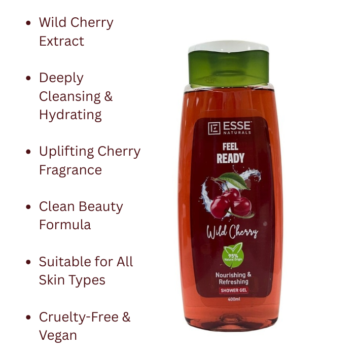 Esse Naturals Feel Ready Wild Cherry Shower Gel ,Uplifting, Cleansing, and Antioxidant-Rich Body Wash 400 ml
