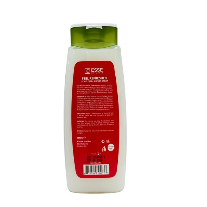 Esse Naturals Feel Refreshed Citrus Shower Cream ,Energizing, Moisturizing, Citrus-Infused Body Cleanser 400ml