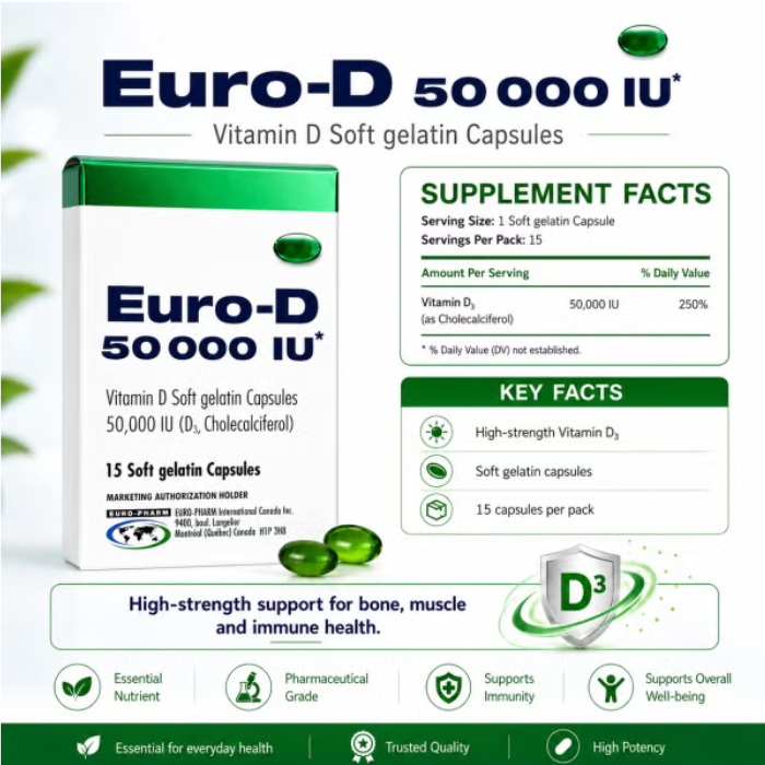 Euro D 50000 IU Vitamin D3 Soft Gel Capsules 15s
