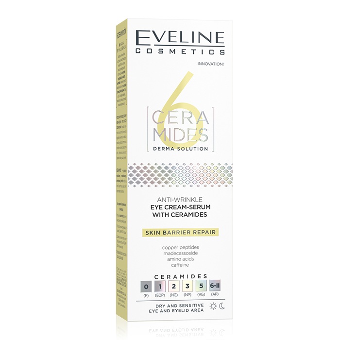 Eveline 6 Ceramides Anti-Wrinkle Eye Cream Serum, Hydrating, Firming and Brightening Treatment, 20ml