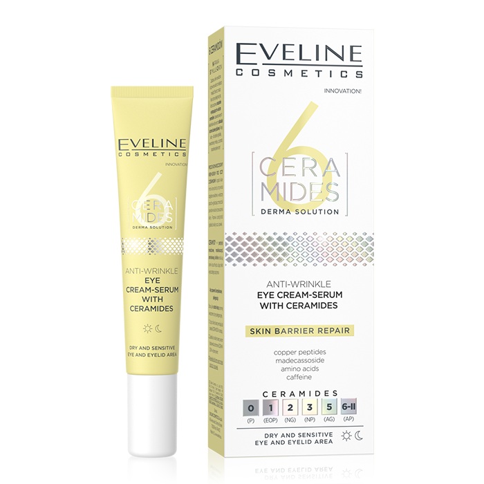 Eveline 6 Ceramides Anti-Wrinkle Eye Cream Serum, Hydrating, Firming and Brightening Treatment, 20ml