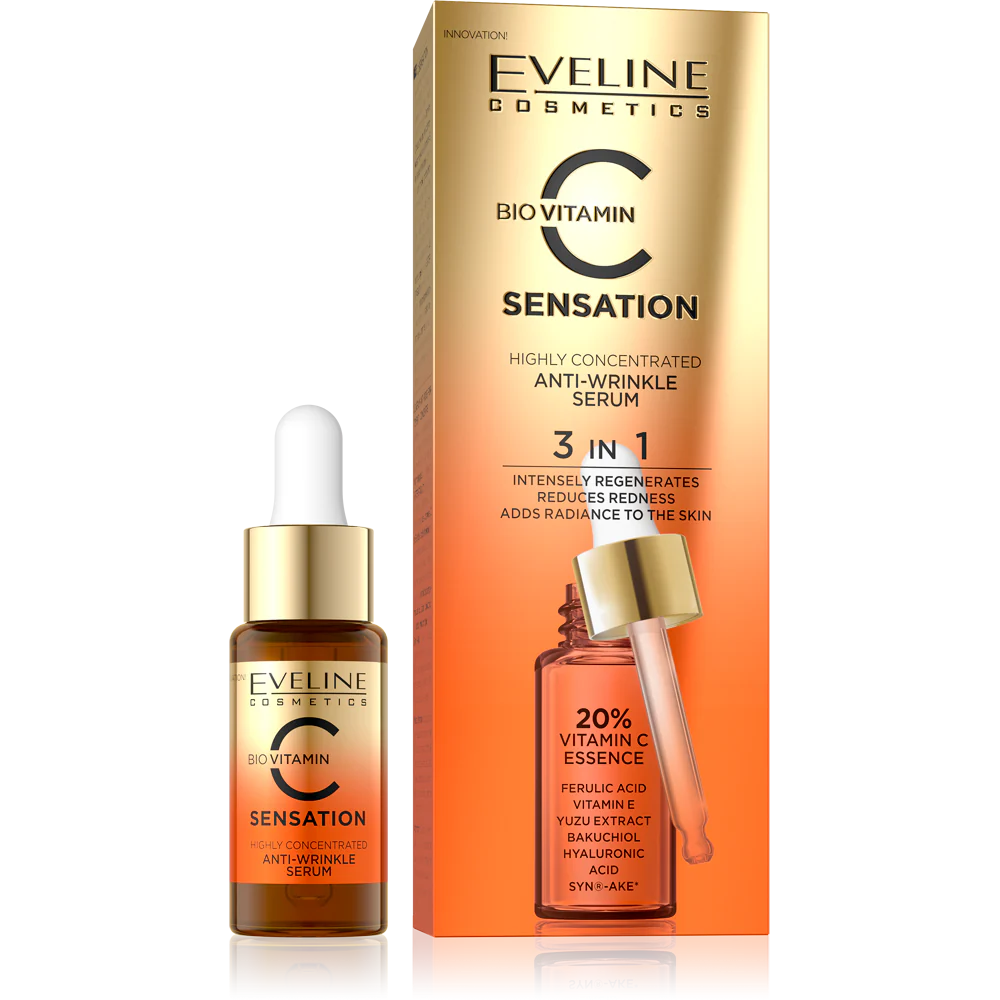 Eveline C Sensation Anti-Wrinkle Serum - Vitamin C + Hyaluronic Acid - Brightening & Firming Face Serum for Youthful Radiance 18ml
