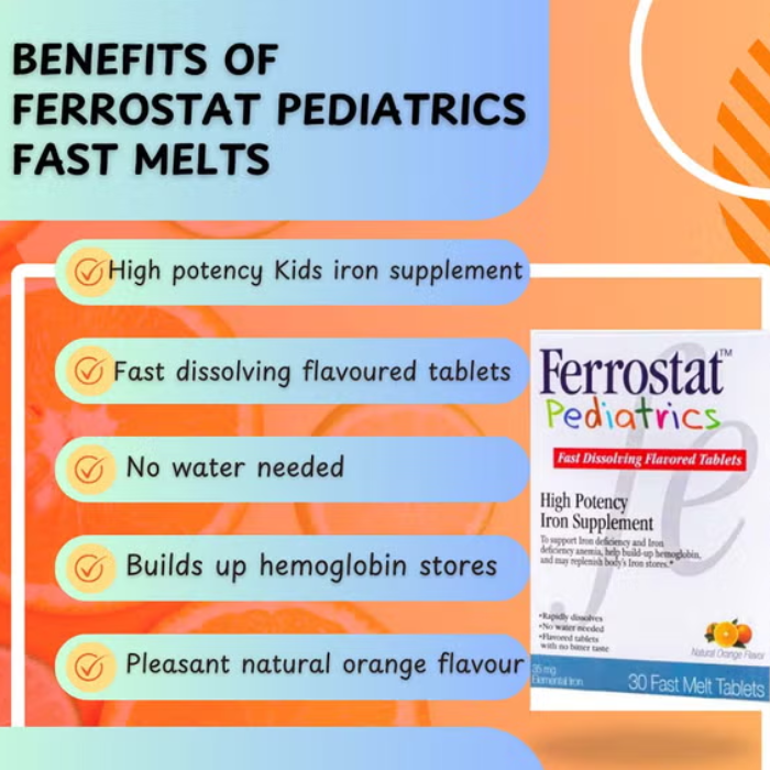 Ferrostat Pediatrics Fast Melt Tablets – Iron Supplement for Kids, Fast-Absorbing, Gentle on Stomach, Great Taste 30s