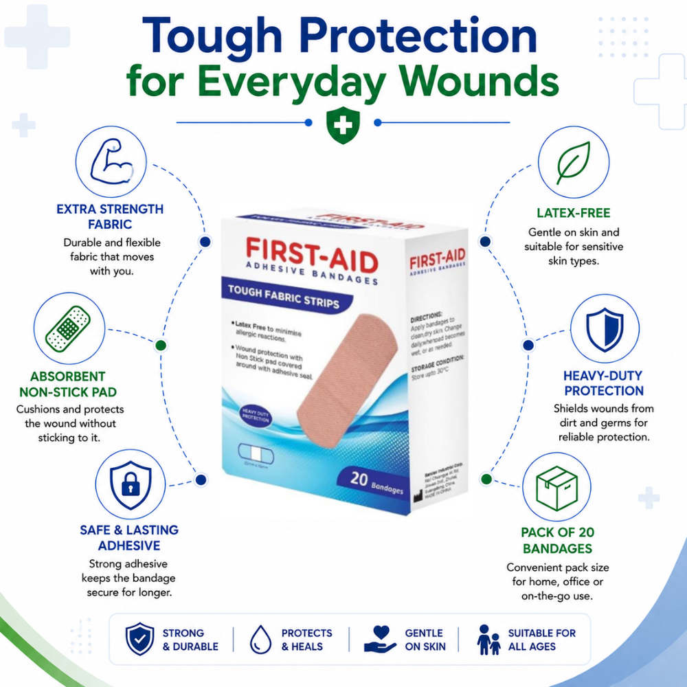 First Aid Tough Fabric Strip Bandages 20'S -25mm76mm