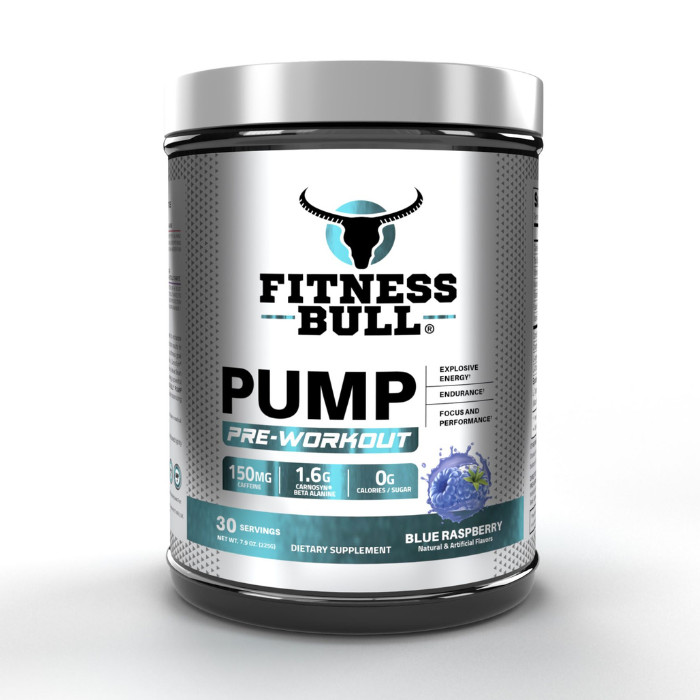 Fitness Bull Pump Pre-Workout 150mg Caffeine, Zero Sugar, Blue Raspberry, Focus & Energy Support, 225g (30 Servings)