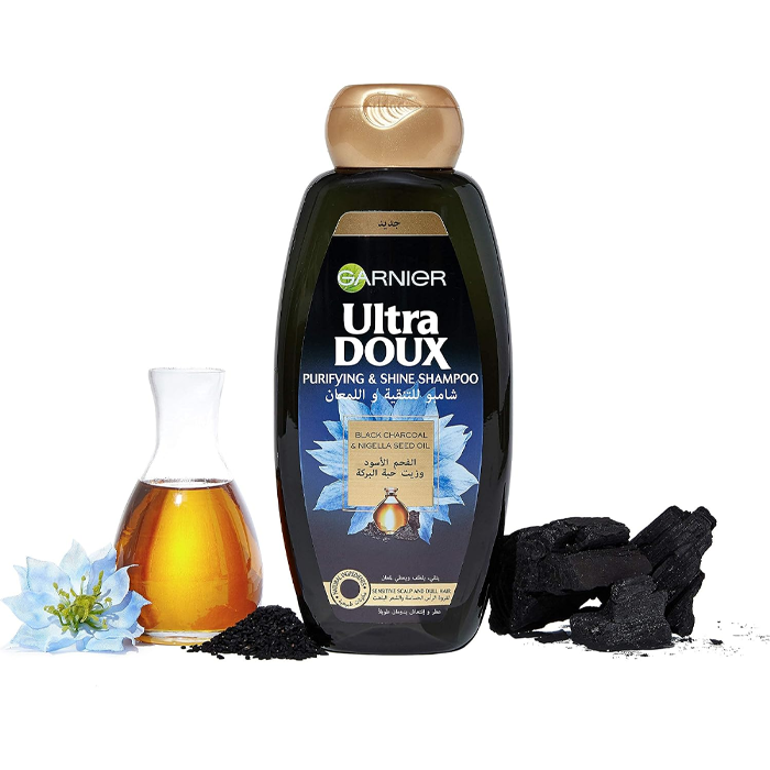 Garnier Ultra Doux Charcoal & Nigella Oil Purifying Shampoo, Shine & Fresh Scalp, 2x400ml