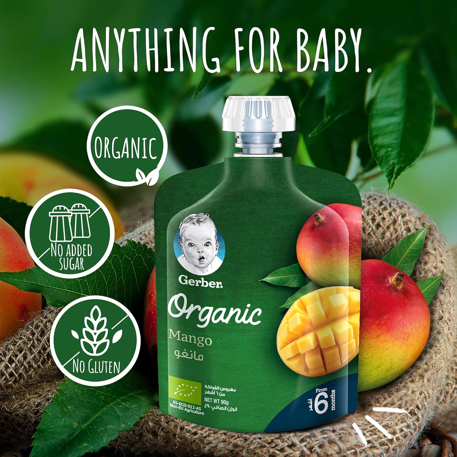 Gerber Organic Puree Baby Food Mango, 100% Organic Fruit Puree for Babies 6+ Months, No Added Sugar, 90g