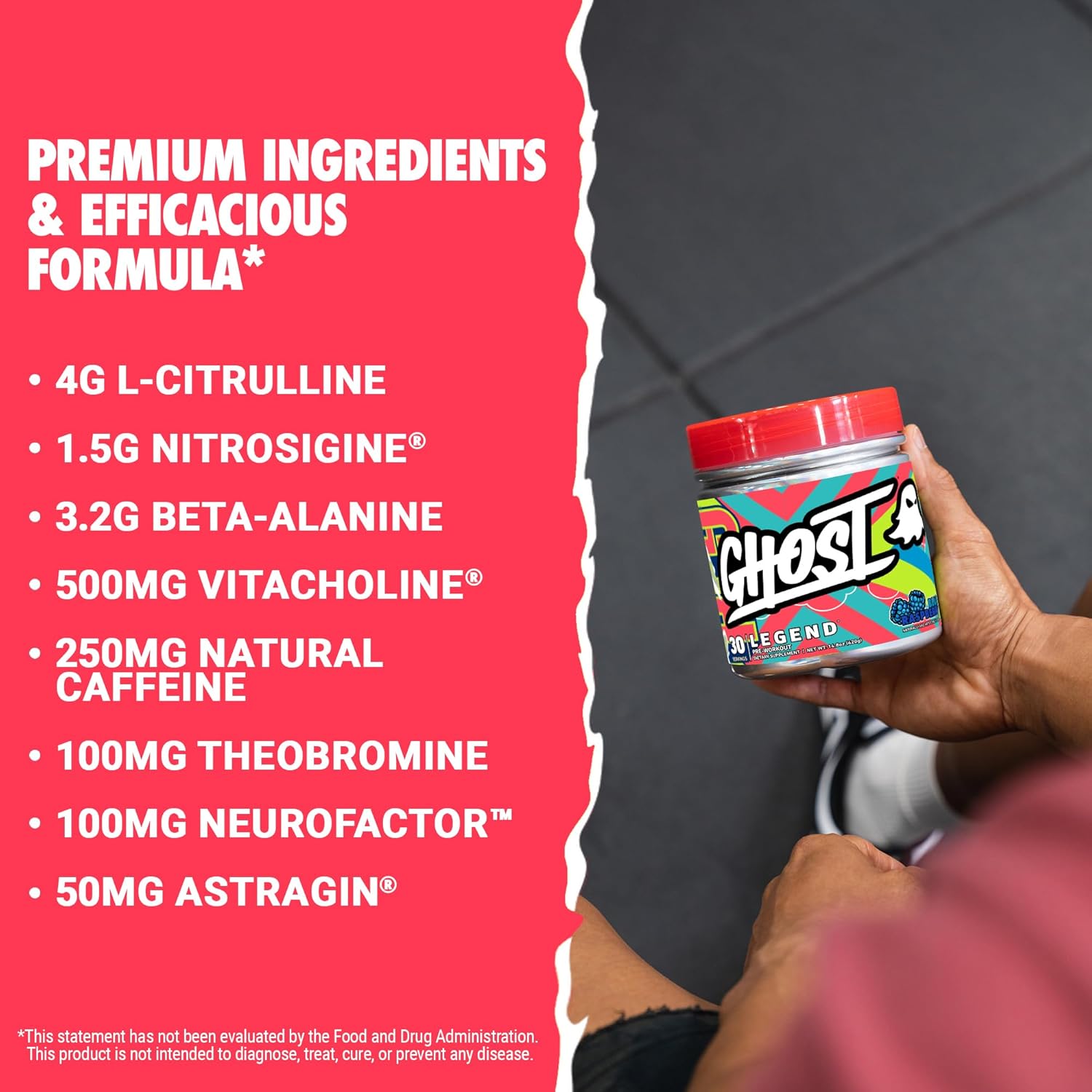 Ghost Legend Pre-Workout Blue Raspberry, Energy, Focus, Pumps, Vegan Friendly Formula - 30 Servings