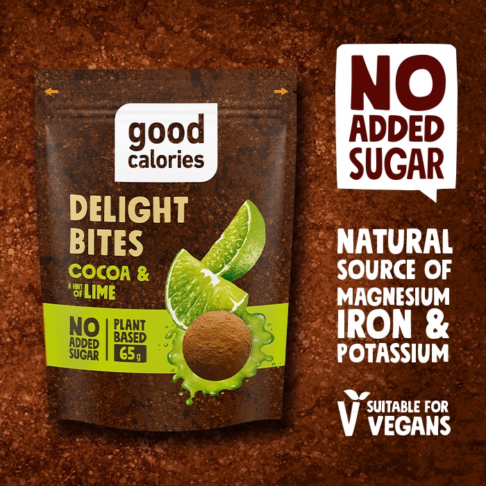 Good Calories Cocoa & Hint of Lime Delight Bites, Natural Source of Magnesium, Iron & Potassium, No Sugar, Vegans – 65g