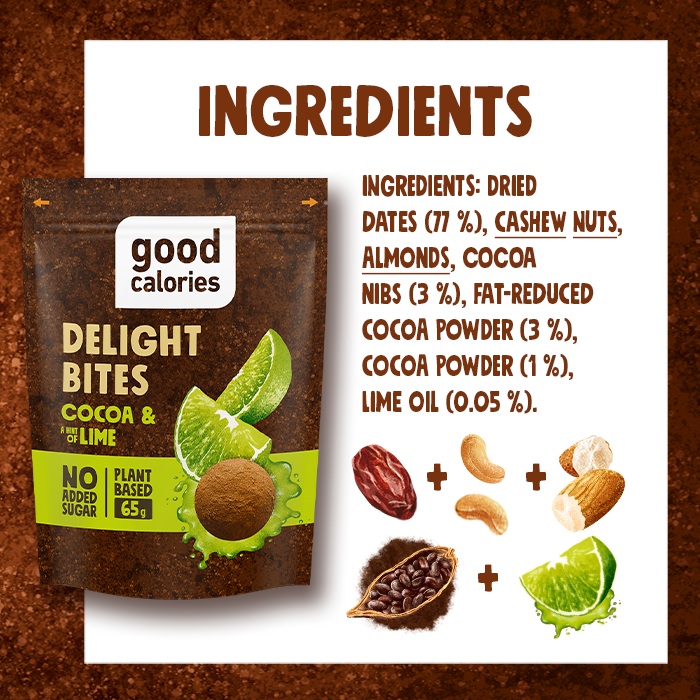 Good Calories Cocoa & Hint of Lime Delight Bites, Natural Source of Magnesium, Iron & Potassium, No Sugar, Vegans – 65g