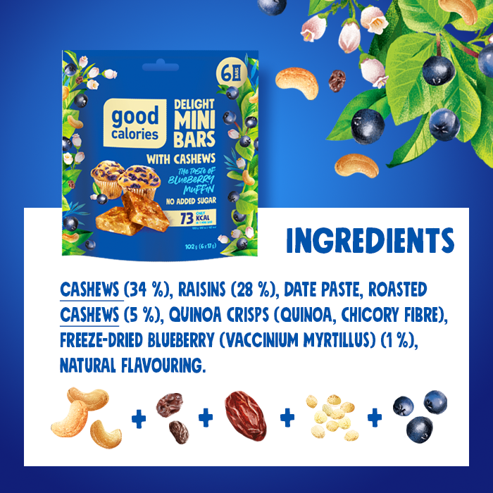 Good Calories Delight Mini Bars Blueberry Muffin with Cashews, Source of Potassium & Magnesium, 73 Kcal Per Bar, No Sugar - 102g