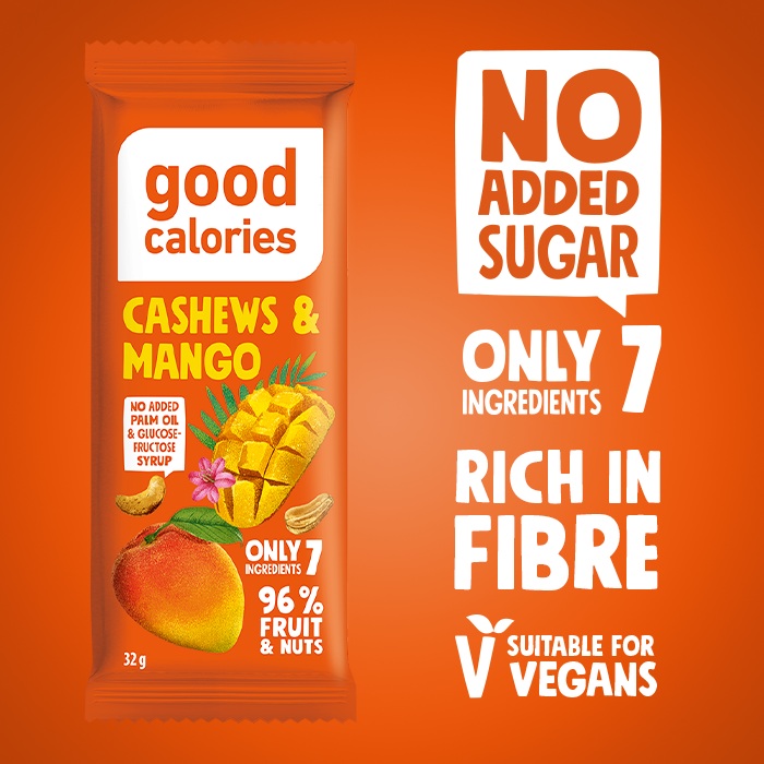 Good Calories Nut Bar Cashews & Mango 32g, With 96% Fruits & Nuts, Rich in Fiber, No Palm Oil & Glucose - Fructose Syrup, Vegan - Pack of 20 pcs