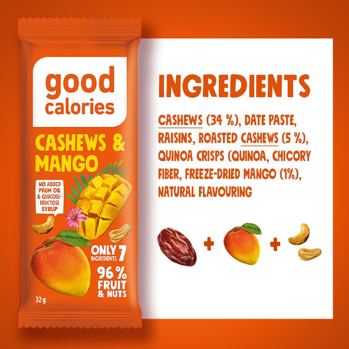 Good Calories Nut Bar Cashews & Mango 32g, With 96% Fruits & Nuts, Rich in Fiber, No Palm Oil & Glucose - Fructose Syrup, Vegan - Pack of 20 pcs