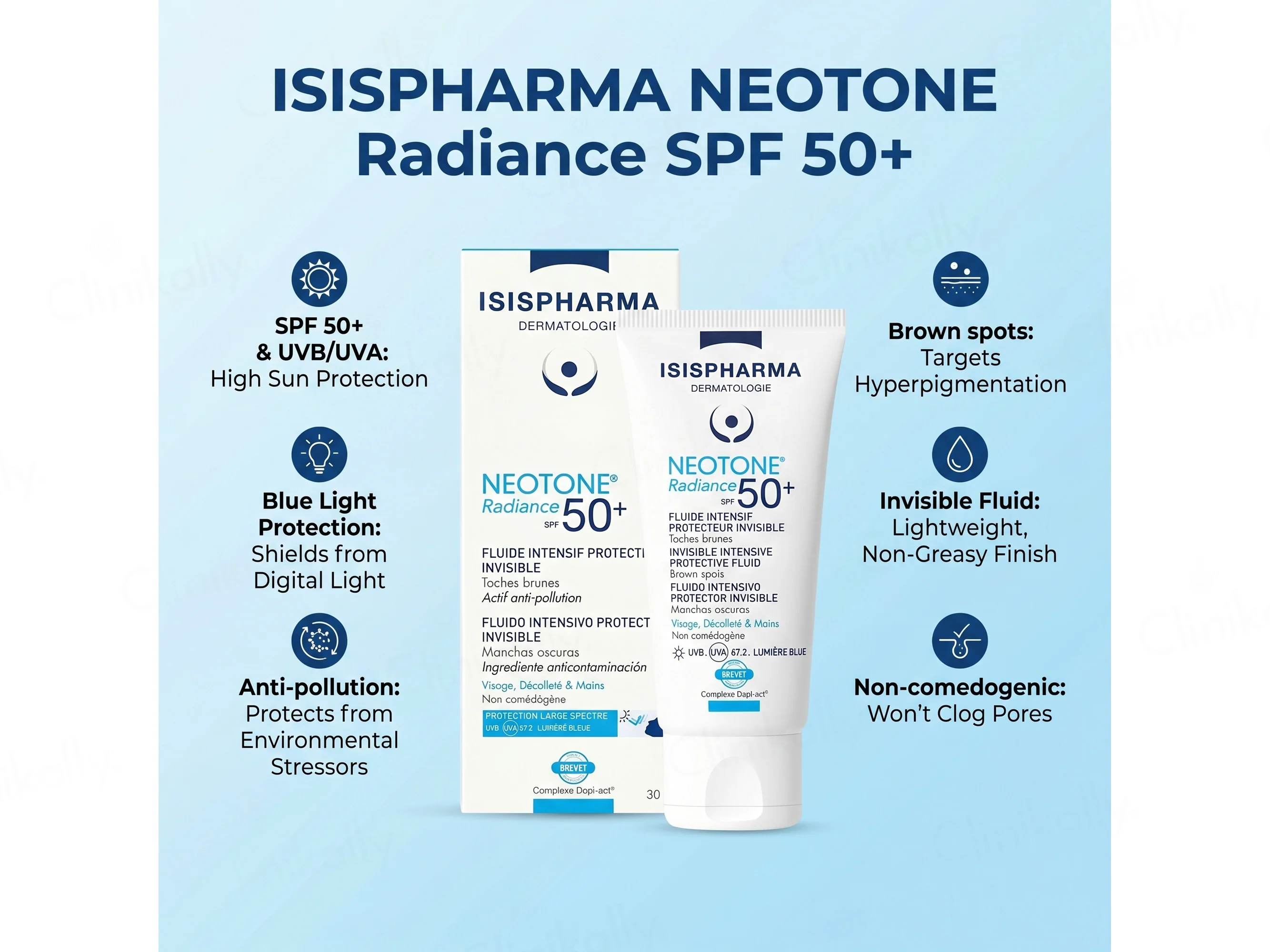 Isis Neotone Radiance (SPF50+) Protective Fluid, Reduces Brown Spots and Shields from UVA, UVB & Blue Light, 30ml