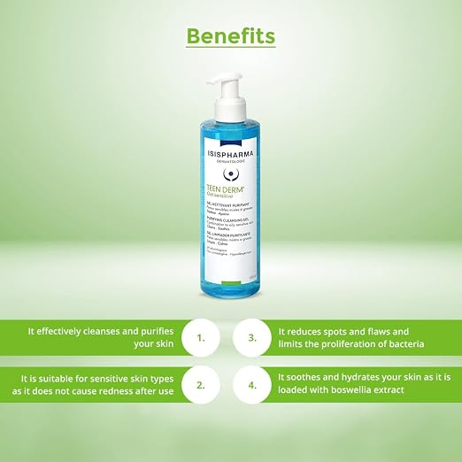 Isis Teen Derm Sensitive Purifying Cleansing Gel, Gentle Face and Body Wash for Sensitive Oily Skin, 250ml