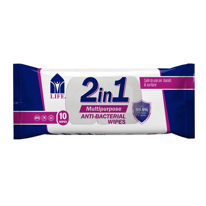 Life 2 In 1 Antibacterial Wipes 10's Pack
