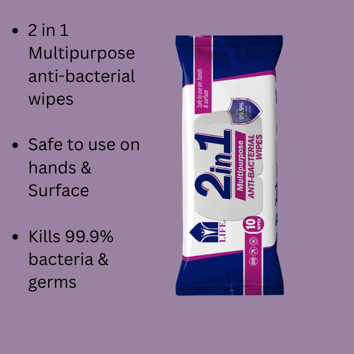 Life 2 In 1 Antibacterial Wipes 10's Pack