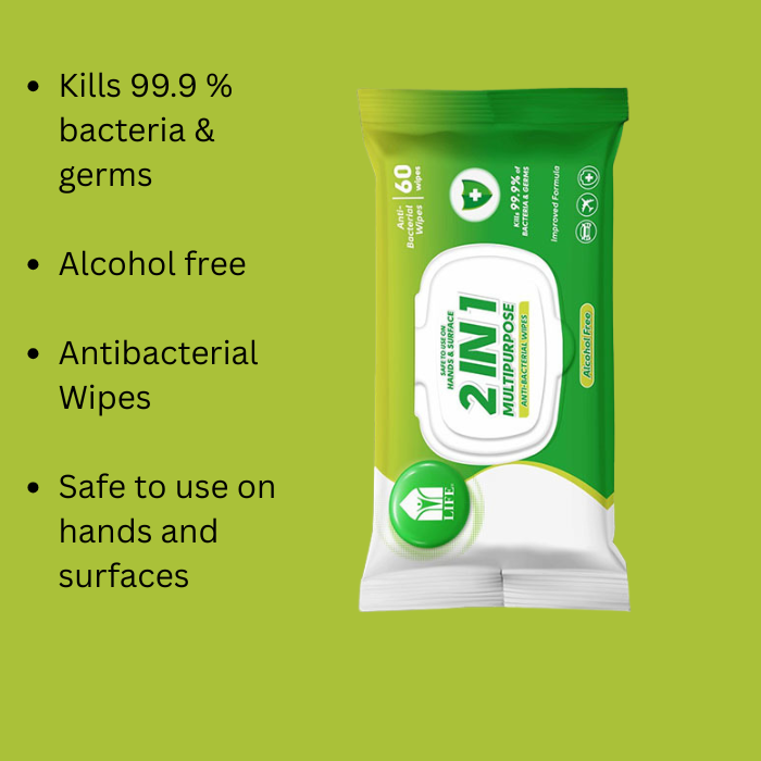 Life 2in1 Multipurpose Antibacterial Wipes 60's Alcohol free