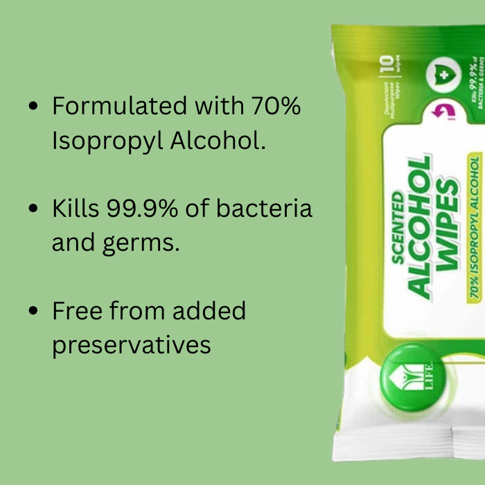 Life Scented 70% Alcohol Wipes 10s Pack Preservative Free
