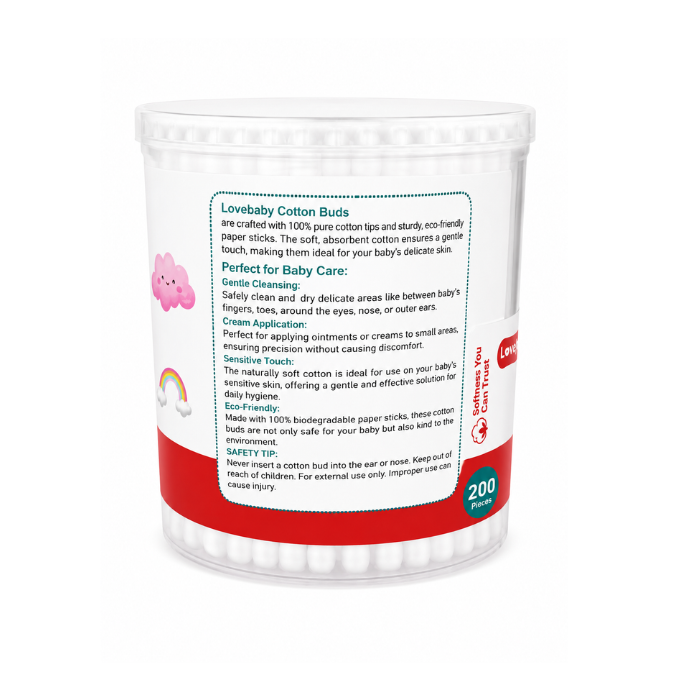 Love Baby Cotton Buds - 100% Pure Cotton Tips & Eco-Friendly Sticks for Babies - 200s
