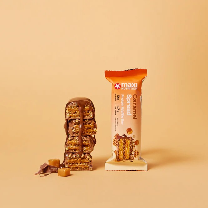 Maxi Nutrition Protein Waffle Caramel 39g, 10g Protein, Low Sugar, No Artificial Colours or Flavours – Pack of 12 pcs