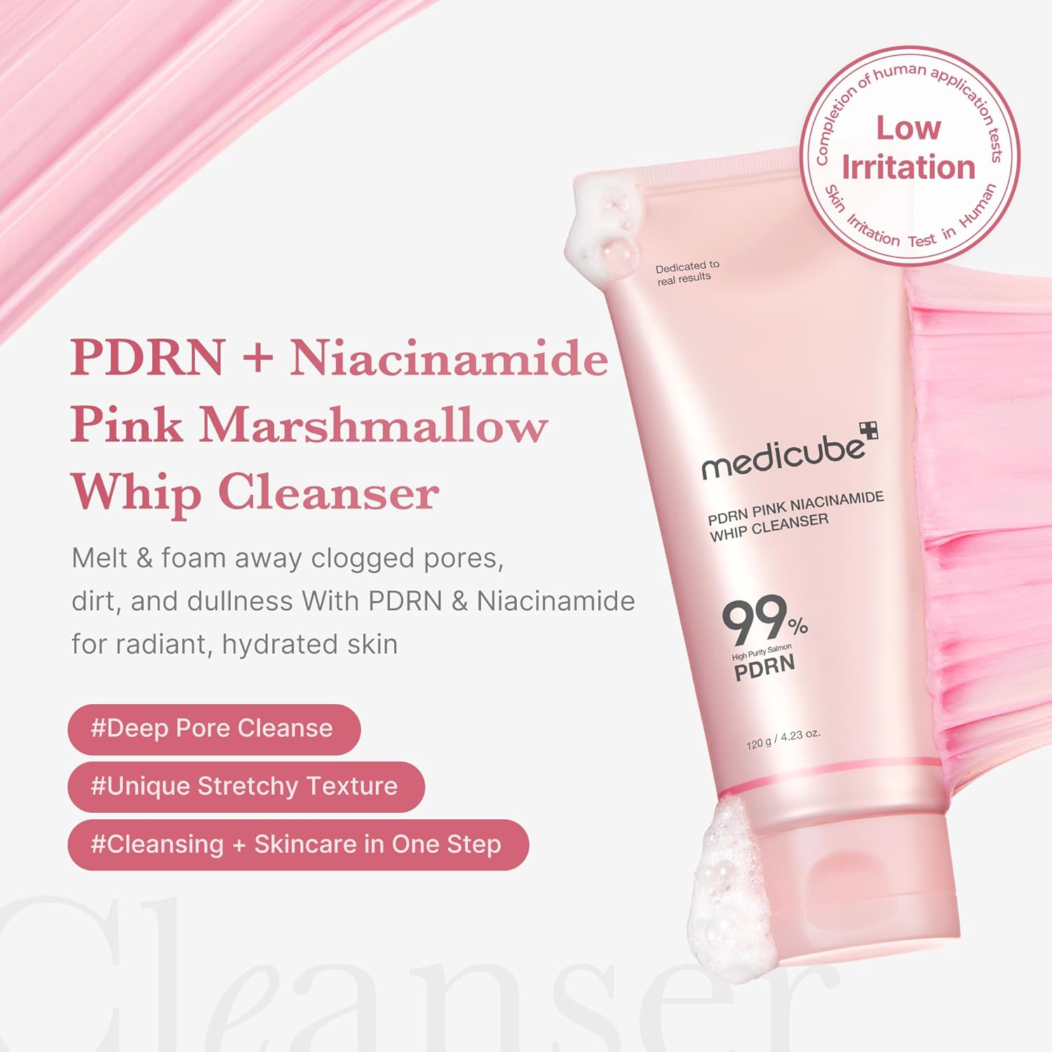 Medicube PDRN 99% Pink Niacinamide Whip, Pore-Refining Foaming Face Cleanser, 120g